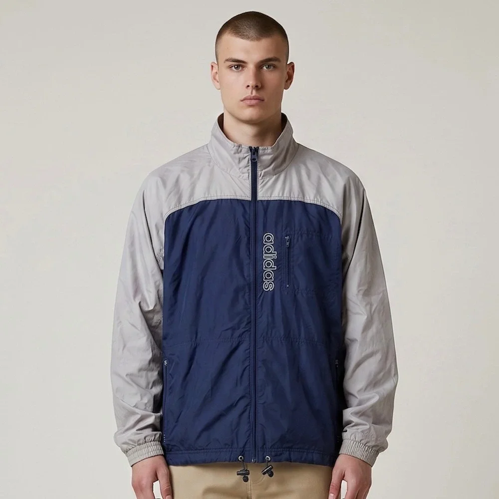 Vintage Adidas Windbreaker Jacket Men L 2001 Y2K Blue Grey Spell Out Coat 489995